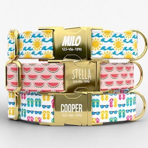 May include: Three personalized dog collars stacked. The top collar has a white background with yellow suns and blue waves. The middle collar has a pink background with watermelon slices. The bottom collar has a white background with flip-flops and sunglasses. Each collar has a gold buckle with a name and phone number.