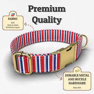 May include: A dog collar with a red, white, and blue striped pattern. The collar features gold-colored metal hardware, including a buckle and a D-ring. The image includes text that says "Premium Quality" and "Durable Metal and Buckle Hardware".