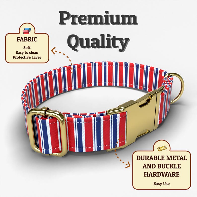 May include: A dog collar with a red, white, and blue striped pattern. The collar features gold-colored metal hardware, including a buckle and a D-ring. The image includes text that says "Premium Quality" and "Durable Metal and Buckle Hardware".