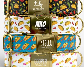 Taco Personalized Dog Collar with Leash, Fiesta Dog Collar, Funny Mexican Food Dog Collar, Custom Name Pet Collar TPNS-60