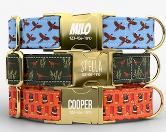 Pheasant Hunting Personalized Dog Collar with Leash, Custom Name Pet Dog Collar, Upland Bird Hunting Dog Collar TPNS-79