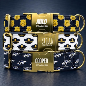Police Dog Collar Personalized with Leash, Custom Name Pet Collar, Badge Hat Patrol Car Design Dog Collar TPNS-101