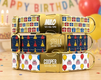 Birthday Gift Personalized Dog Collar with Leash, Custom Name Pet Collar, Party Balloon Cake Dog Collar TPNS-121