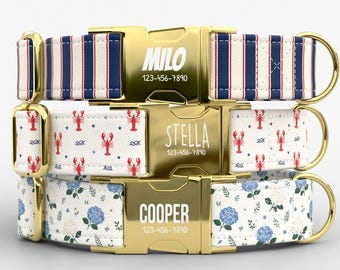 Nantucket Lobster Dog Collar Personalized with Leash, Coastal Hydrangea Custom Name Pet Collar TPNS-141