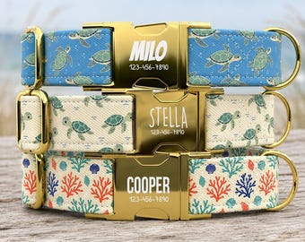 Personalized Sea Turtle Dog Collar with Leash, Coastal Dog Collar TPNS-159