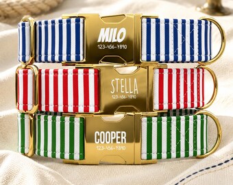 Classic Stripe Personalized Dog Collar with Leash, Custom Name Pet Dog Collar, Blue, Red, Green Stripe Pet Collar TPNS-77
