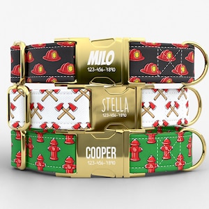 Firefighter Theme Personalized Dog Collar with Leash, Custom Pet Dog Collar, Dog Name Collar, Fire Helmet Axe Hydrant Pet Collar TPNS-99