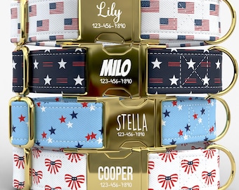 Patriotic Stars & Stripes Personalized Dog Collar with Leash, Custom Engraved Name, American Flag Pet Accessory TPNS-42