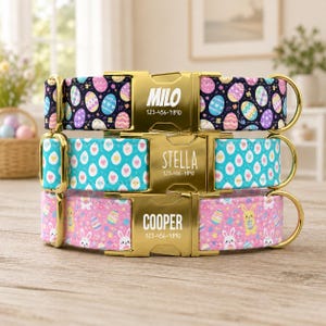 May include: Three pet collars with gold-tone metal buckles engraved with names and phone numbers. The top collar is black with colorful Easter eggs, the middle is teal with white eggs, and the bottom is pink with bunnies and Easter eggs.