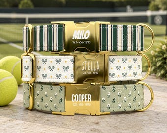 Tennis Club Dog Collar Personalized with Leash, Custom Name Pet Collar, Preppy Stripe Floral Dog Collar TPNS-135