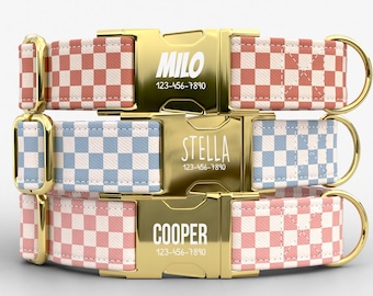 Collar de perro a cuadros con correa: tema de tablero de ajedrez personalizado, colores principales: blanco, marrón canela, azul suave y rosa suave TPNS-62