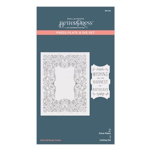 Peut inclure: Une carte blanche avec une image en noir et blanc d'un cadre décoratif avec un motif en spirale. Le texte "Swirl Birthday Frame" est sous l'image. Le texte "Wishing you the happiest of Birthdays" est dans un cadre séparé à droite du cadre principal. Le texte "2 Press Plates 1 Cutting Die" est en bas de la carte.