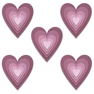 May include: Five layered heart shapes in varying shades of pink and purple are arranged on a white background. Each heart has a textured appearance, with the innermost heart being the lightest shade.