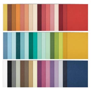 May include: A collection of colorful cardstock paper in various shades, arranged in three rows. The top row features warm tones like yellow, orange, and red. The middle row showcases cool blues and greens. The bottom row displays neutral and purple hues.