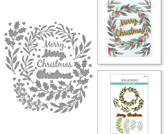 May include: A collection of Christmas-themed cutting dies. The dies include a wreath design with holly and berries, and the words "Merry Christmas." The image also shows a finished card with the wreath design and text, and a product package with the cutting dies.