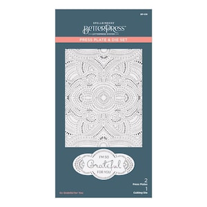May include: A white press plate and die set for letterpress printing. The plate features a black and white geometric pattern with circles and dots. The die features the text "I'm so Grateful for You" in a decorative font.