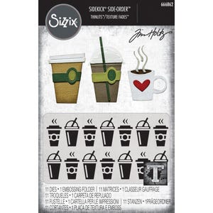 May include: A set of 11 metal dies for crafting featuring a coffee cup design. The dies are designed to be used with a die-cutting machine. The dies are made by Sizzix and are part of the Sidekick Side-Order collection. The dies are labelled "Thinlits/Texture Fades" and "Jim Holtz".