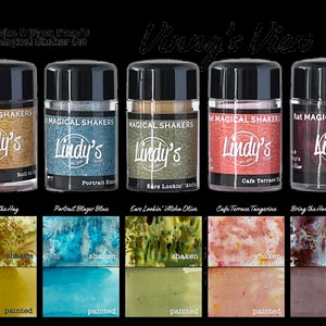 May include: A set of five Lindy's flat Magical Shakers with black lids. The jars are labeled with colors like "Roll in the Hay" and "Bring the House Down Brown." Below each jar are examples of the colors shaken and painted.