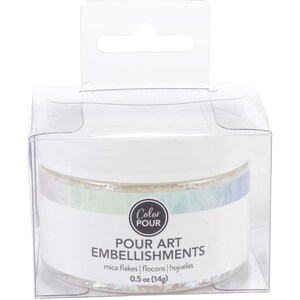 May include: A jar of Color Pour art embellishments in a clear plastic container. The jar has a white lid and a label with the text "POUR ART EMBELLISHMENTS". The jar contains iridescent mica flakes, weighing 0.5 oz (14g).