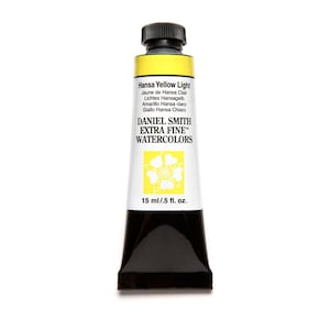 May include: A 15 ml / .5 fl. oz. tube of Daniel Smith Extra Fine Watercolors in Hansa Yellow Light. The tube features a black cap, a white label with black text, and a yellow square graphic containing a white flower illustration.