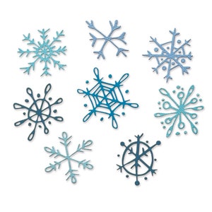May include: A collection of eight blue and teal snowflake cutouts in various designs. The snowflakes are arranged on a white background, showcasing their intricate details and textures. Ideal for winter-themed crafts and decorations.