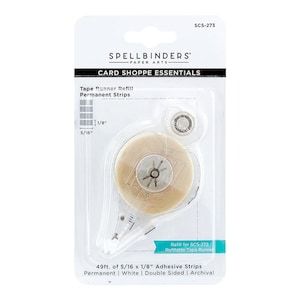 May include: A clear plastic package containing a tape runner refill. The refill includes a roll of beige adhesive tape and is labeled "Tape Runner Refill" and "Permanent Strips". The package also states the tape is 5/16 x 1/8 inches.