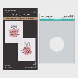 May include: A Spellbinders BetterPress Registration Press and Foil Plate set labeled BPR-051, featuring two ornament designs with the text Season's Greetings and Merry Christmas, alongside a Tied with Cheer stencil set labeled STNB-018.