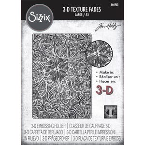 May include: A Sizzix 3-D embossing folder with a large, intricate floral design. The package includes the text "3-D Texture Fades" and "Large/A5". The design is a detailed pattern of swirling lines and floral elements, perfect for paper crafting.