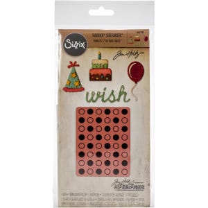 May include: A Sizzix Sidekick Side-Order Thinlits/Texture Fades set. The set includes die-cut shapes of a party hat, a cake, a balloon, and the word "wish". Also included is a pink embossing folder with black circles.