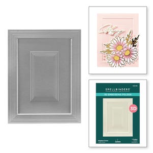 May include: A grey, rectangular, embossed frame with a raised central panel. Beside it, a pink card with a floral design and the words "Missing You". Below, a green and white package for a 3D embossing folder.