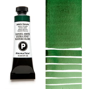 May include: A tube of Daniel Smith Extra Fine Watercolors, Jadeite Genuine, with a dark green cap and black base. The tube is labeled with text in multiple languages. A swatch of the watercolor shows varying shades of green.