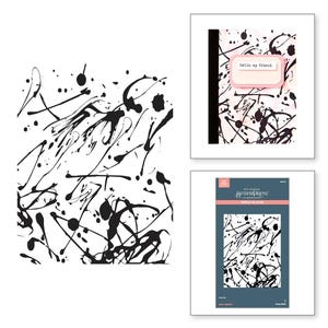 May include: Black and white abstract design stamp plate. The plate features a splatter pattern with black paint splatters on a white background. The plate is labeled "BetterPress Press Plates".