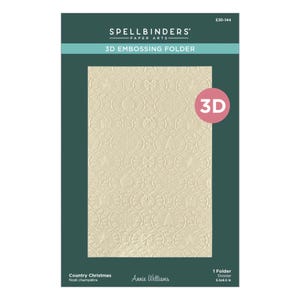 May include: A cream-colored 3D embossing folder by Spellbinders features a repeating pattern of Christmas ornaments, including stars, bows, and Christmas trees. The folder is labeled "Country Christmas" and measures 5.5 x 8.5 inches.