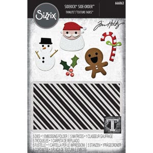 May include: Sizzix Sidekick Side-Order Thinlits/Texture Fades die set. Includes a Santa, snowman, gingerbread man, candy cane, holly, and a diagonal striped embossing folder. The set also includes the text "Jim Holtz" and "T".