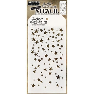 May include: A layering stencil featuring a star pattern. The stencil is white with a design of various sized stars in a dark brown color. The stencil is from the Tim Holtz Collection by Stampers Anonymous. The text "STENCIL" is visible.
