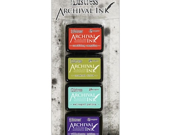 May include: A package of four Distress Archival Ink pads in various colors. The ink pads are labeled with the colors: crackling campfire, crushed olive, salvaged patina, and virisincus potion. The packaging includes the brand name "Distress" and "Ranger".