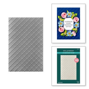 May include: A 3D embossing folder with a criss-cross pattern. The folder is designed to create a raised, textured effect on paper or cardstock. The folder is labeled "Spellbinders" and "Cross My Heart".
