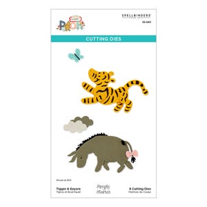 Peut inclure: Un ensemble de 8 matrices de découpe sur le thème de Winnie l'ourson, comprenant Tigrou le tigre, Bourriquet l'âne et un papillon. Les matrices de découpe sont présentées sur un fond blanc avec le texte "Cutting Dies" et "Simple Stories" en bleu et blanc.