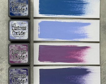 Può includere: Quattro tamponi di inchiostro Distress Oxide nelle tonalità del blu e del viola, con campioni di colore corrispondenti. I tamponi di inchiostro sono etichettati "prize ribbon", "shaded lilac", "seedless preserves" e "villainous potion". I campioni mostrano i colori dell'inchiostro.