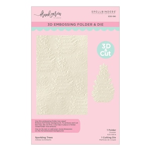 May include: A Spellbinders Frank Garcia Studio 3D Embossing Folder & Die set titled Sparkling Trees. The packaging features a light pink background with a cream-colored embossed tree pattern, a single tree die-cut, and text including 3D & Cut.