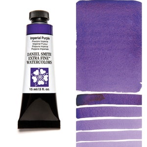 May include: A tube of Daniel Smith Extra Fine Watercolor paint in the colour Imperial Purple. The tube is labelled with the colour name and the brand name. The paint is a deep purple colour.