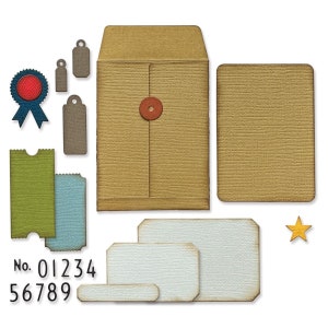 May include: A collection of paper craft elements in various shapes and colors. Includes a brown envelope with a button closure, tags, tickets, a star, a ribbon, and rectangular cards. The image also features the numbers "01234" and "56789".