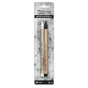 May include: A package of two Distress Watercolor Pencils. One pencil is white, labeled "Picket Fence", and the other is black, labeled "Black Soot". The pencils are on a gray and white speckled background. The package reads "Distress Watercolor Pencils".