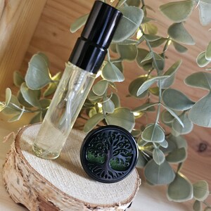 Könnte beinhalten: Eine transparente Parfümflasche mit schwarzem Verschluss und ein schwarzer ätherischer Öl Diffusor mit Lebensbaum-Motiv. Der Diffusor ist rund und liegt auf einer Holzscheibe. Grünes Laubwerk im Hintergrund.