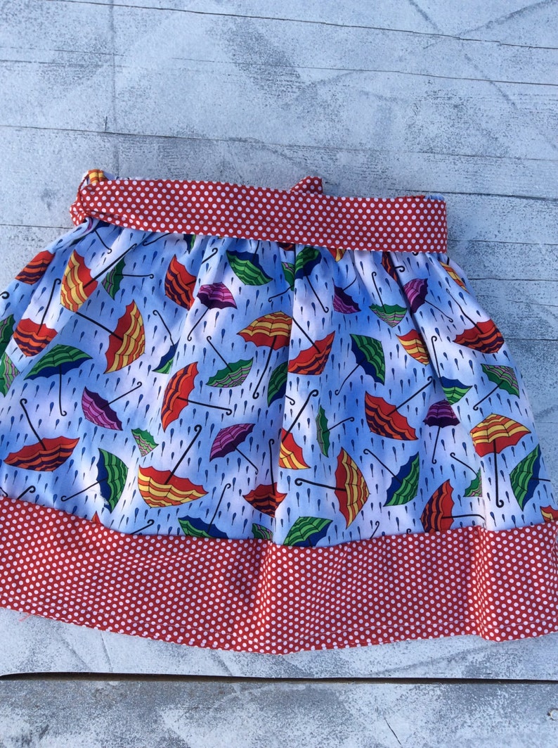 Girls rainy day umbrella blue an red cotton skirt back to school