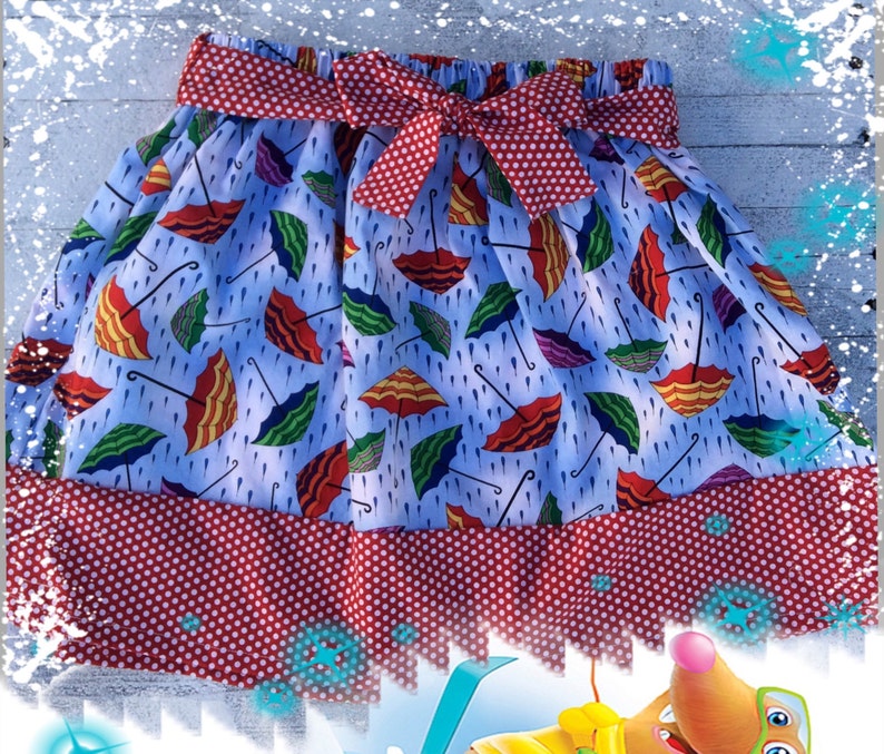 Girls rainy day umbrella blue an red cotton skirt back to school