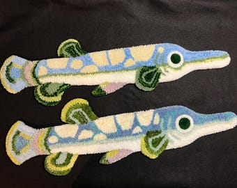 Large Blue Garfish Tufted Rug, Handmade Fish Desk Mat, Keyboard Rug, Wall Decor 25x8''