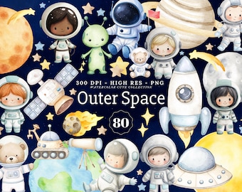 Watercolor Outer Space Clipart Bundle Astronaut PNG Planets Solar System Nursery Decor Commercial Use