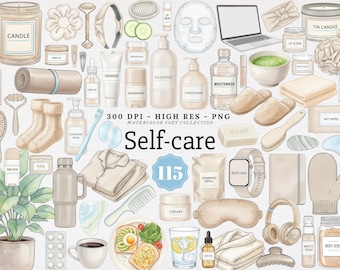 Clipart de autocuidado en acuarela, PNG de bienestar para mujer y spa, pegatinas para un estilo de vida saludable, uso comercial