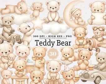 Cute Watercolor Teddy Bear Clipart Bundle Neutral Nursery Baby Shower Graphics Commercial Use PNG